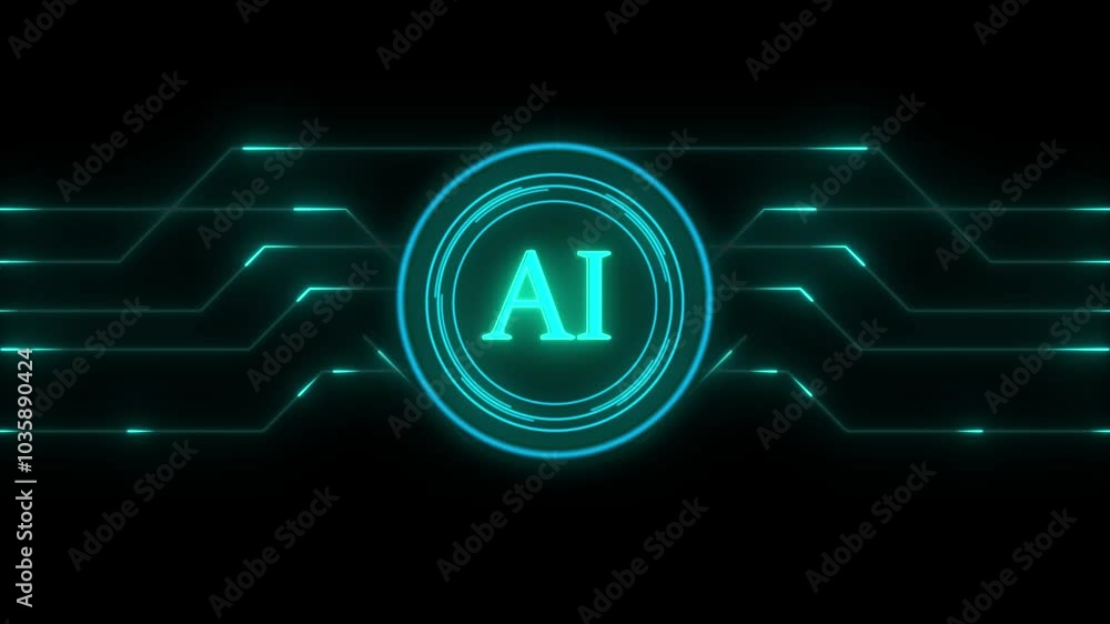 Poster circuit board with moving electrons and artificial intelligence ai. data flow on a motherboard. glow