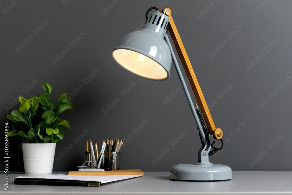 Poster A minimalist workspace with a gray desk lamp, casting soft light on a plain surface