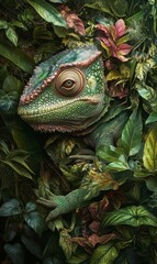 Obraz premium A chameleon camouflaged in lush green foliage.