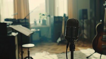 Close-up of microphone on stand in soundproof recording studio, positioned in front of script stand, symbolizing voice acting and audio production.