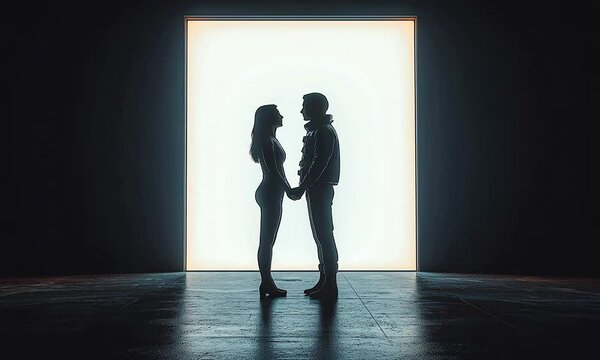 silhouettes of a man and a woman reaching for each other against white screens on a black background