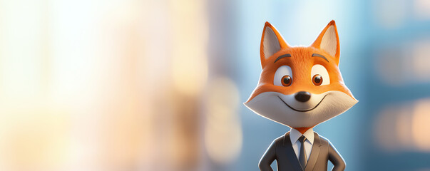 Obraz premium Cute fox in a sleek business suit, standing in front of an office building, 3D illustration