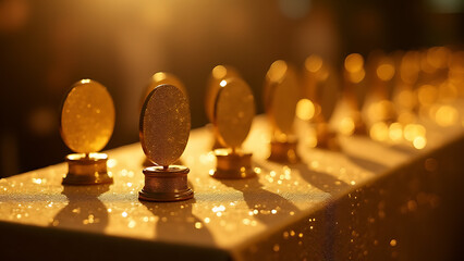 Golden circular awards sparkle on tables at ceremonies and presentations with elegance and sophistication everywhere.