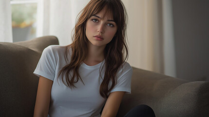 Woman In White T-shirt dealing with Depression Thinking