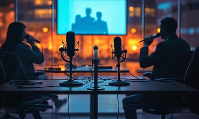 podcast recording studio and silhouettes of people