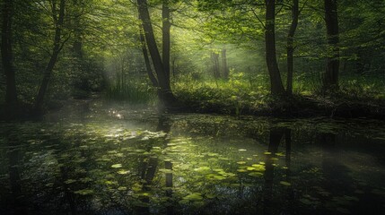 Sunbeams illuminate a peaceful forest stream, casting long shadows through the dense foliage.