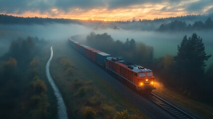The freight train travels along the tracks in a serene, misty forest at dawn, with soft light breaking through the fog, creating a tranquil atmosphere.
