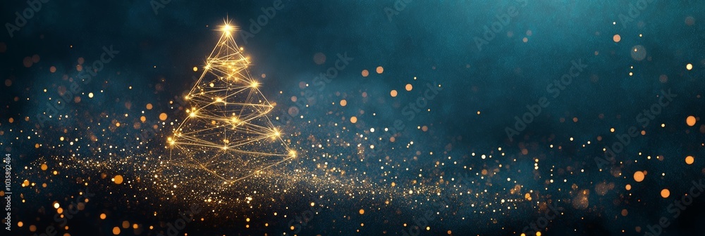 Poster golden sparkling christmas tree displayed on a wide dark background, creating a magical and festive 
