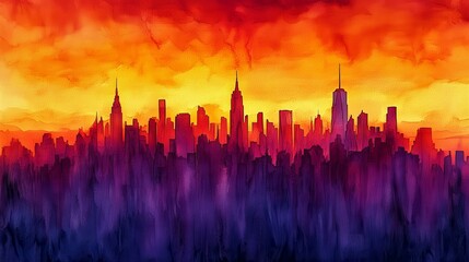 Obraz premium Stunning Sunset City Skyline Watercolor Illustration