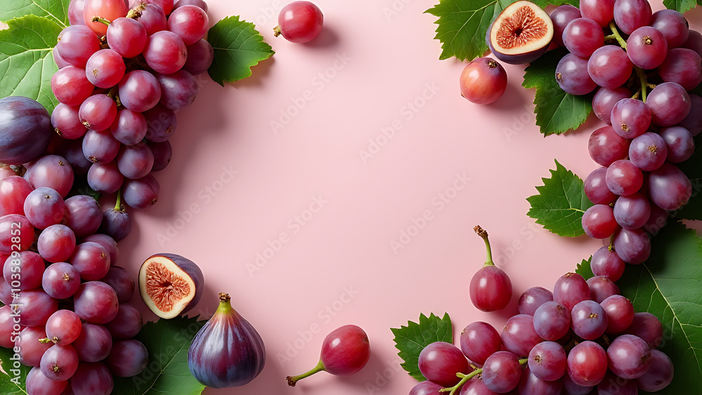 Aufkleber grapes and figs in playful design for stock concept featuring ample copy space and fun photo style.
