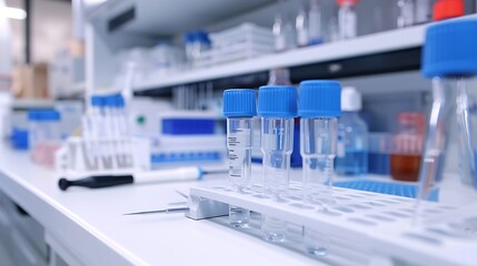 Precision lab tools in focus on a white laboratory bench, captured with clarity and high definition