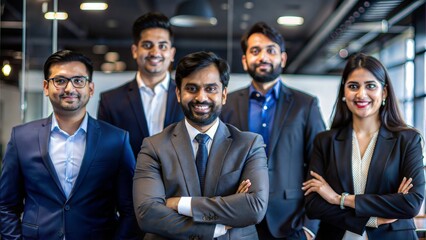 Portrait of Indian executives at a product launch presentation.	
