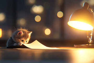 Kitten in a business suit, reviewing documents at a desk, 3D illustration