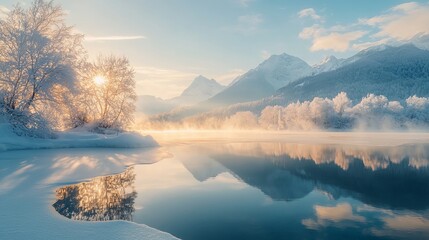 Fototapeta premium Sunrise over winter mountains. Gorgeous scene of snowy nature under the sun. Beautiful mountain clear frozen lake early in the day. 