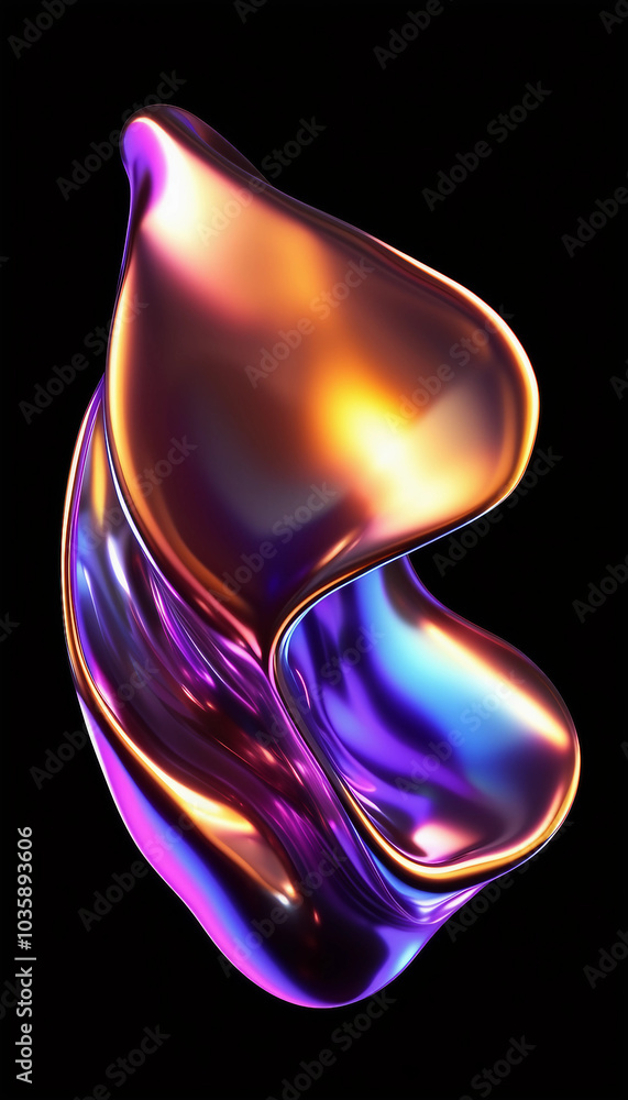 Sticker Liquid metal 3D shape design element on black background. Fluid gradient shape with waves and ripple 