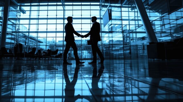 Businessmen shaking hands in modern glass office building silhouette