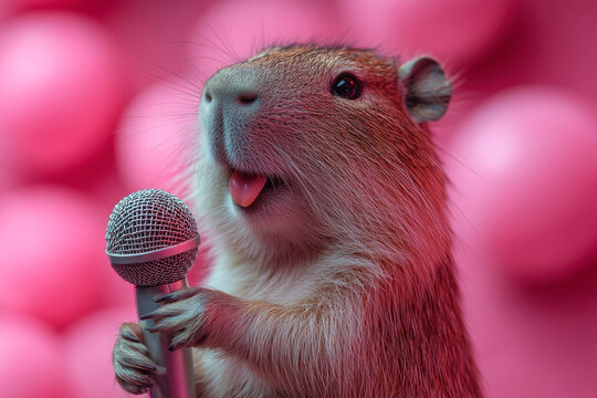 Funny cute capybara holds a retro announcer  microphone and sings karaoke.