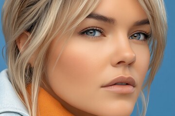Naklejka premium Close-up portrait of a woman with blonde hair and blue eyes on a blue background