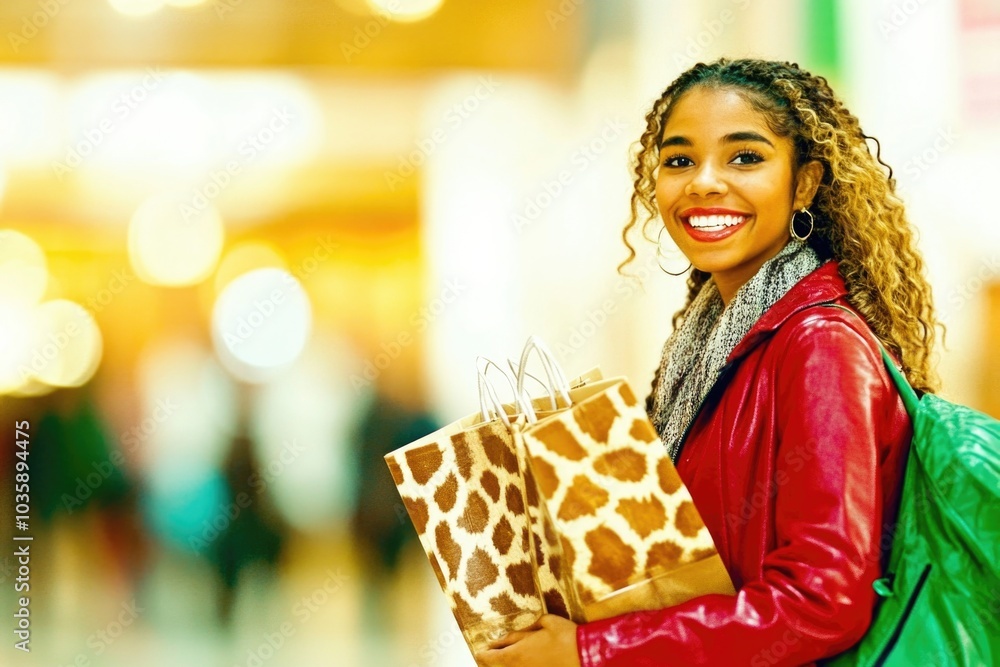 Wall mural smiling woman in red jacket shopping with eco-friendly bags in urban setting