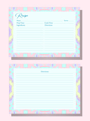 Fototapeta premium Recipe card template with kaleidoscope border. Abstract geometric frame design. Pink, mint, yellow, and purple candy colors. Playful and soft color palette. Eye-catching, fun, and modern layout.