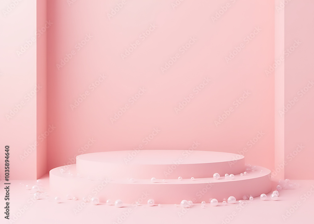 Poster l background features a pink podium surrounded by bubble water in a stylish minimalist interior sett