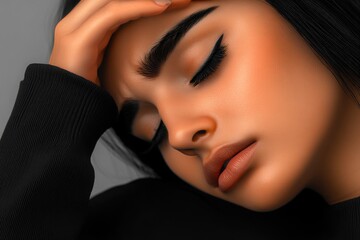 Fototapeta premium Peaceful woman in black clothing with hand on forehead against soft gray background