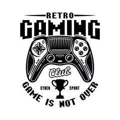 Retro gaming club vector emblem with gamepad vector illustration in monochrome style isolated on white background