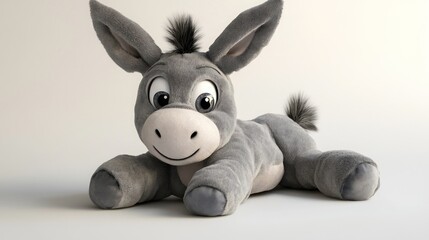 Obraz premium A cute grey plush donkey toy lies on its belly with its head raised, looking at the camera with a friendly smile.