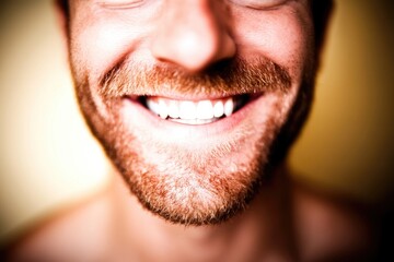 Fototapeta premium Close-up smiling bearded man with bright white teeth in warm lighting
