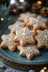 Decoratively iced star-shaped cookies arranged on a beautiful plate, perfect for festive occasions and holiday celebrations.
