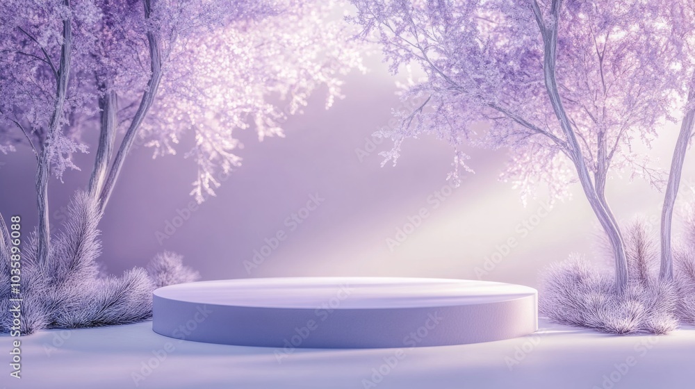 Fototapete the image shows a circular podium in a light purple hue. the podium is positioned in the center of t