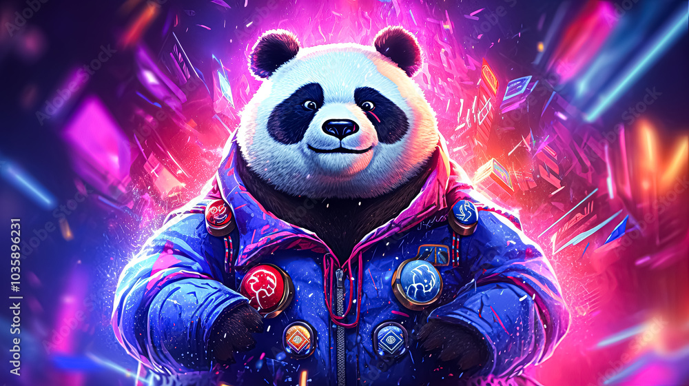 Poster panda is holding a remote and surrounded by various objects.