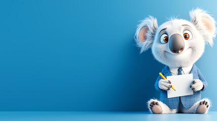 Obraz premium Koala in a tailored business suit, holding a pen and paper, 3D illustration