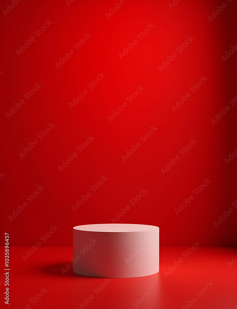 Poster luxury podium features a red background platform for premium product display and presentation.