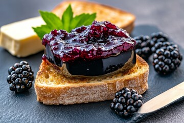 A spread of jam made from Japanese Wineberries, with toast and a butter knife nearby