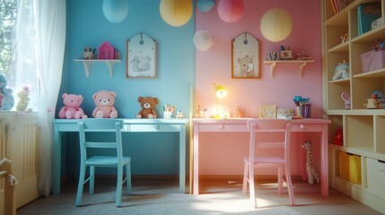 A bright and cheerful children's room with two desks, chairs, and toys, perfect for siblings or twins.