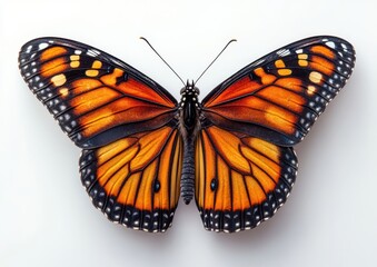Fototapeta premium Close-up of a vibrant monarch butterfly with orange and black wings on a white background.
