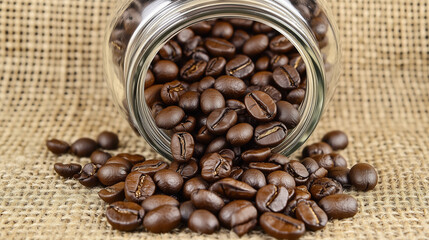 Fototapeta premium A large jar of coffee beans is poured out from a glass jar, spilling onto a burlap bag. This is often used to display the raw materials of coffee beverages.