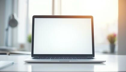 Fototapeta premium Laptop with Blank Screen on White Table near Window, Modern Workplace Concept.