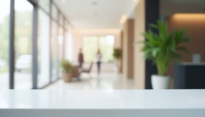 Fototapeta premium Modern Office Lobby Interior, Blurred Background with Empty White Table, Concept for Business, Corporate, and Real Estate Advertising.