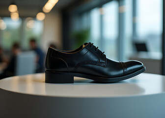 Mens black formal shoe with branding sits on a podium in an office setting.