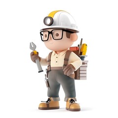Fototapeta premium Cartoon Construction Worker Holding Wrench 3D Character Illustration
