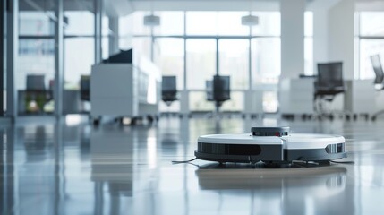 A cutting-edge robotic vacuum cleaning a high-tech office space, with clear views of the vacuum鈥檚 design and the modern office environment, Industrial setting with focus on automation