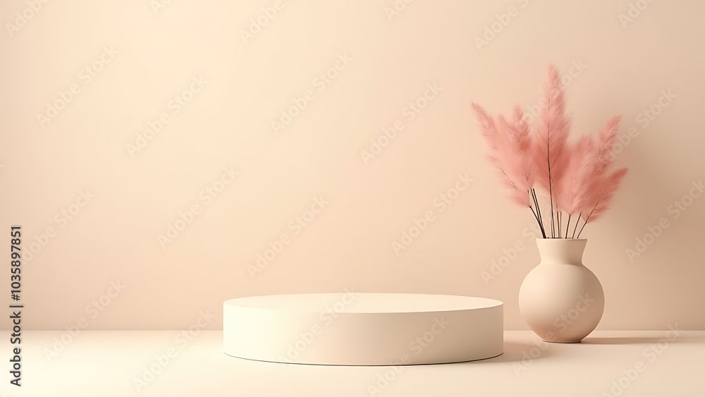 Poster minimal pedestal holds empty podium with dried pink flowers on light beige background for a simple p