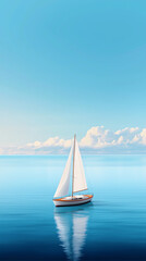 Fototapeta premium Serenity on the waters a solo sailboat gliding through tranquil blue oceans under a cloudy sky