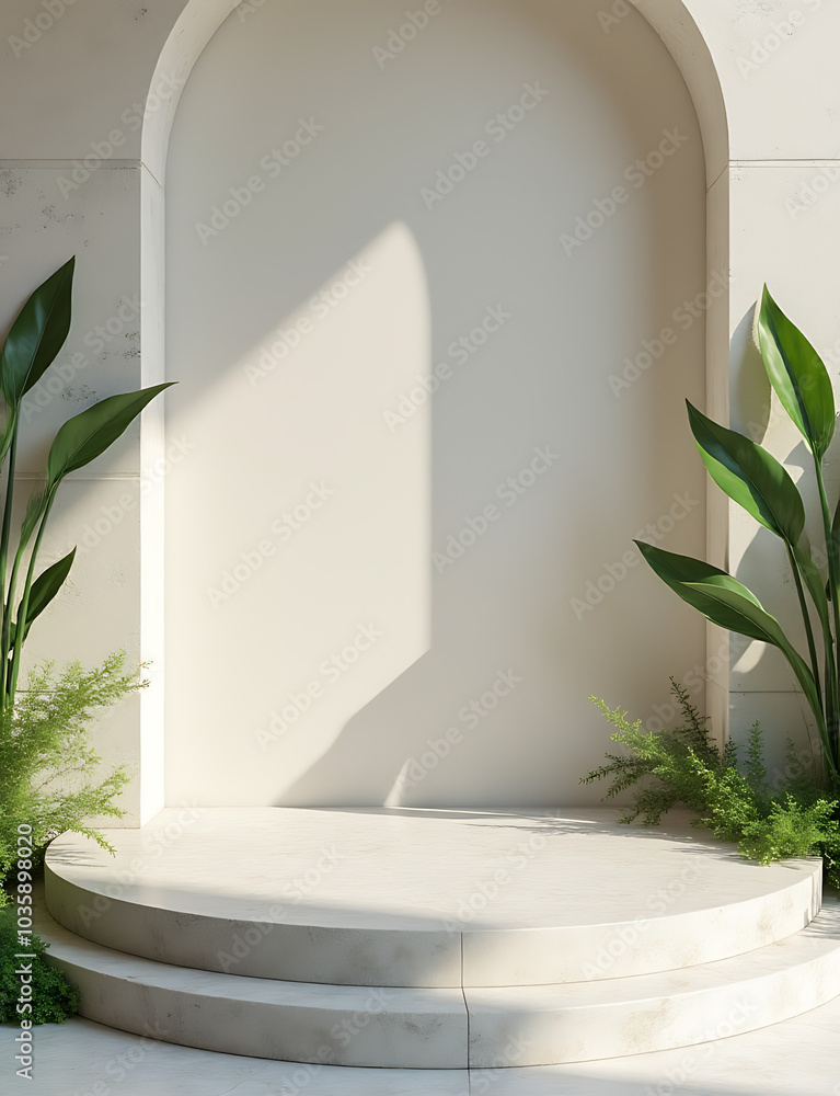 Poster minimal podium holds empty stone with greenery, a minimalist stage for product displays in an abstra
