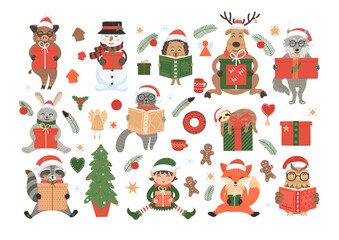 Christmas children set. Animals with christmas gifts and books. Animals wearing Christmas with xmas decor.