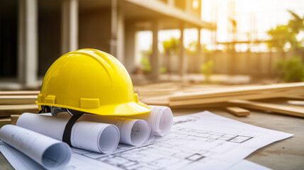 close up view of yellow safety helmet placed on rolled-up blueprints on the construction site. it can be used to emphasize construction safety and safe production.