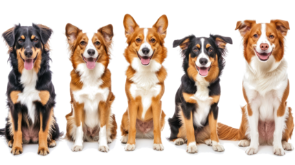 Happy Mixed Breed Dogs Sitting Together on a White Background Generative AI