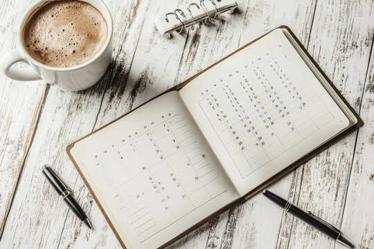 Daily Planner on Wooden Desk with Coffee Cup 